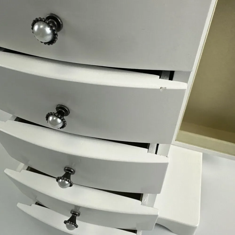 White Solid Wood Jewelry Box Tower Style 4 Drawers Organizer Side Doors Necklace